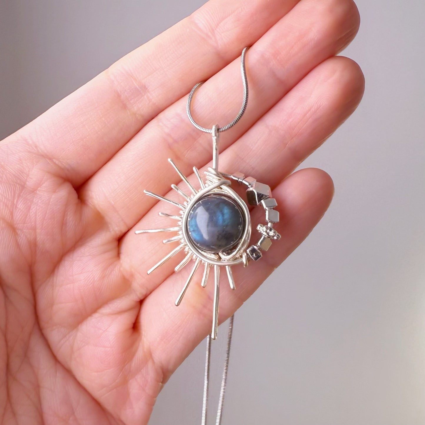 Sunburst - Handmade Natural Labradorite Moonstone Crystal Wire Wrapped Necklace