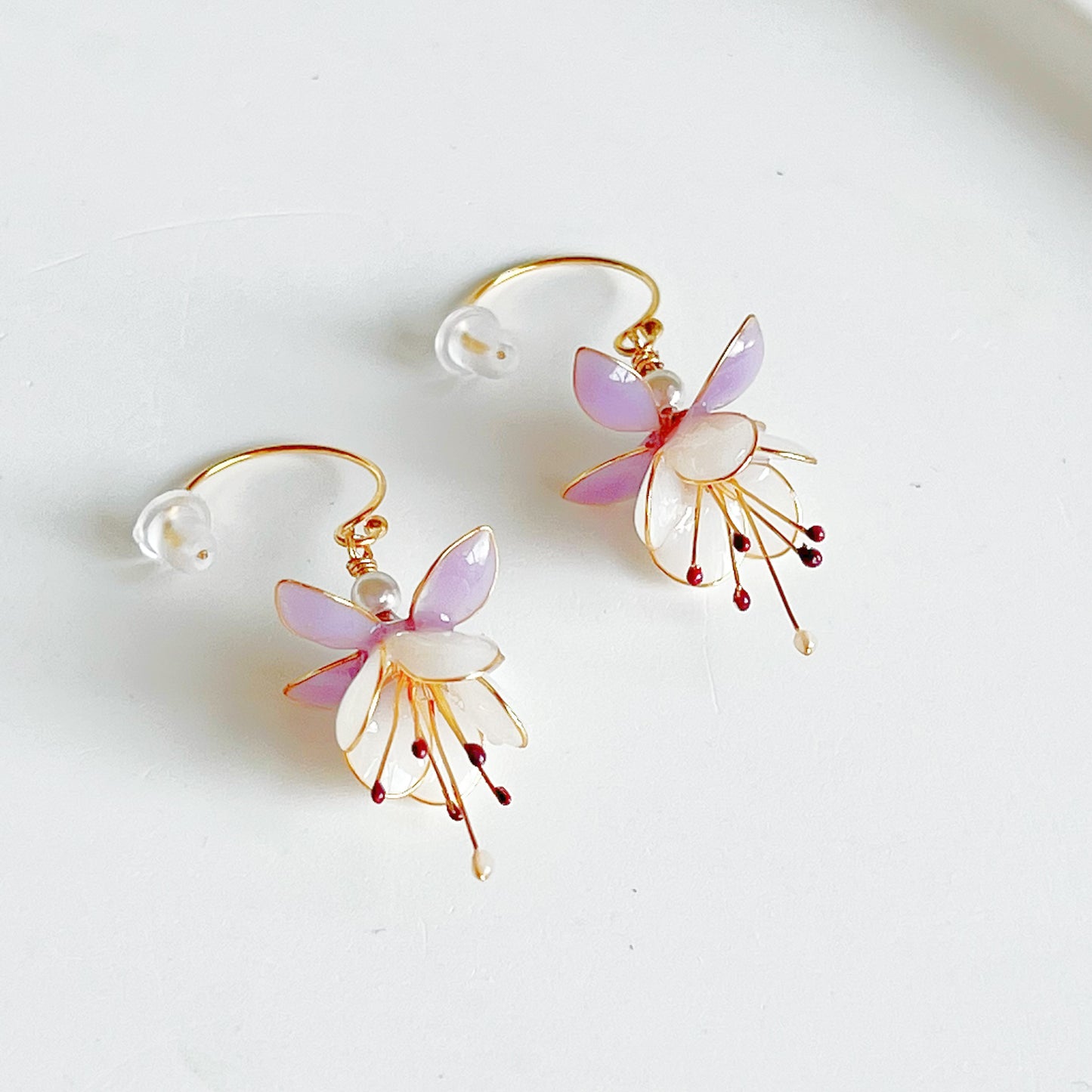 Handmade Purple and White Fuchsia Flower Earrings-Ninaouity