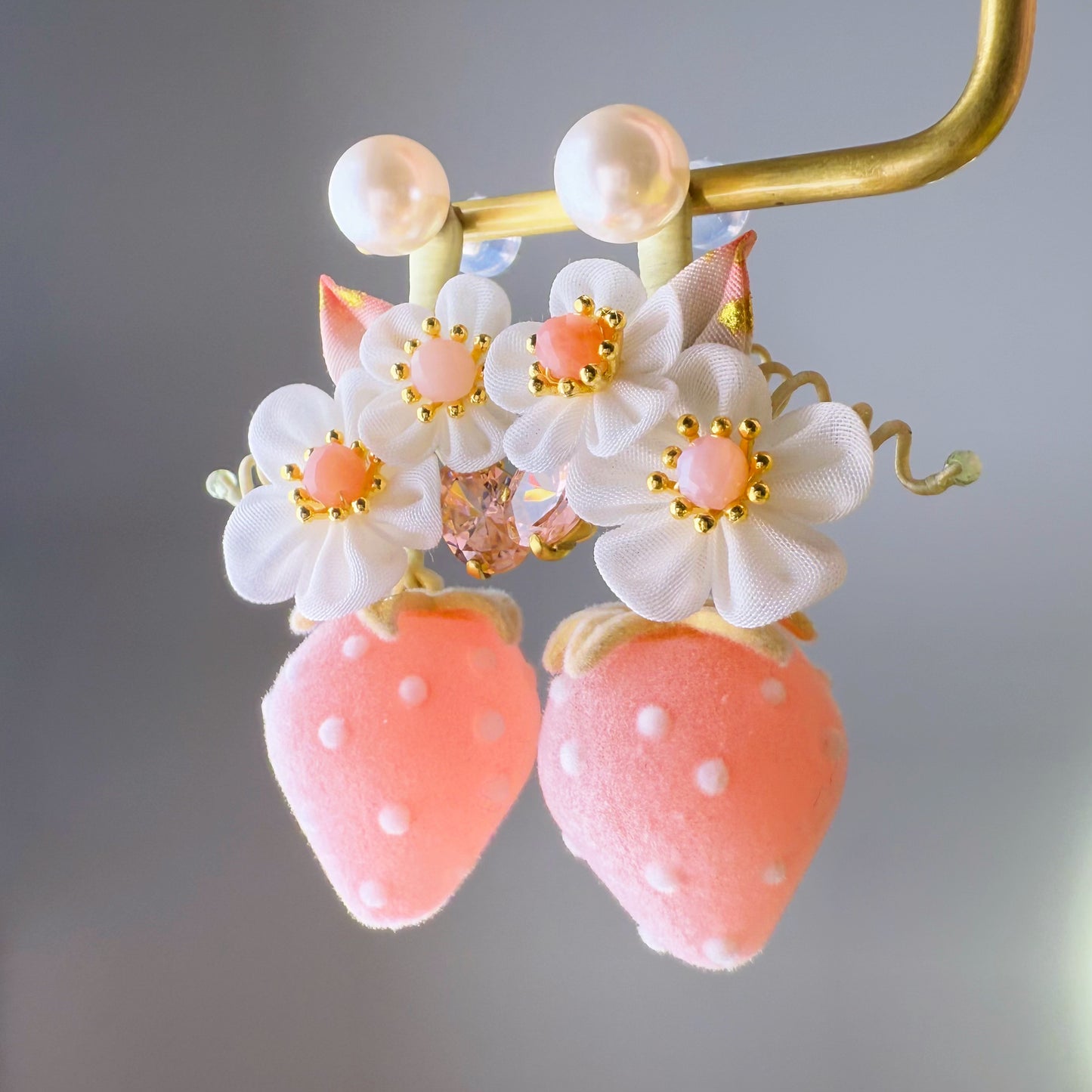 Pink Frosted Strawberry and Fabric Flowers Earrings