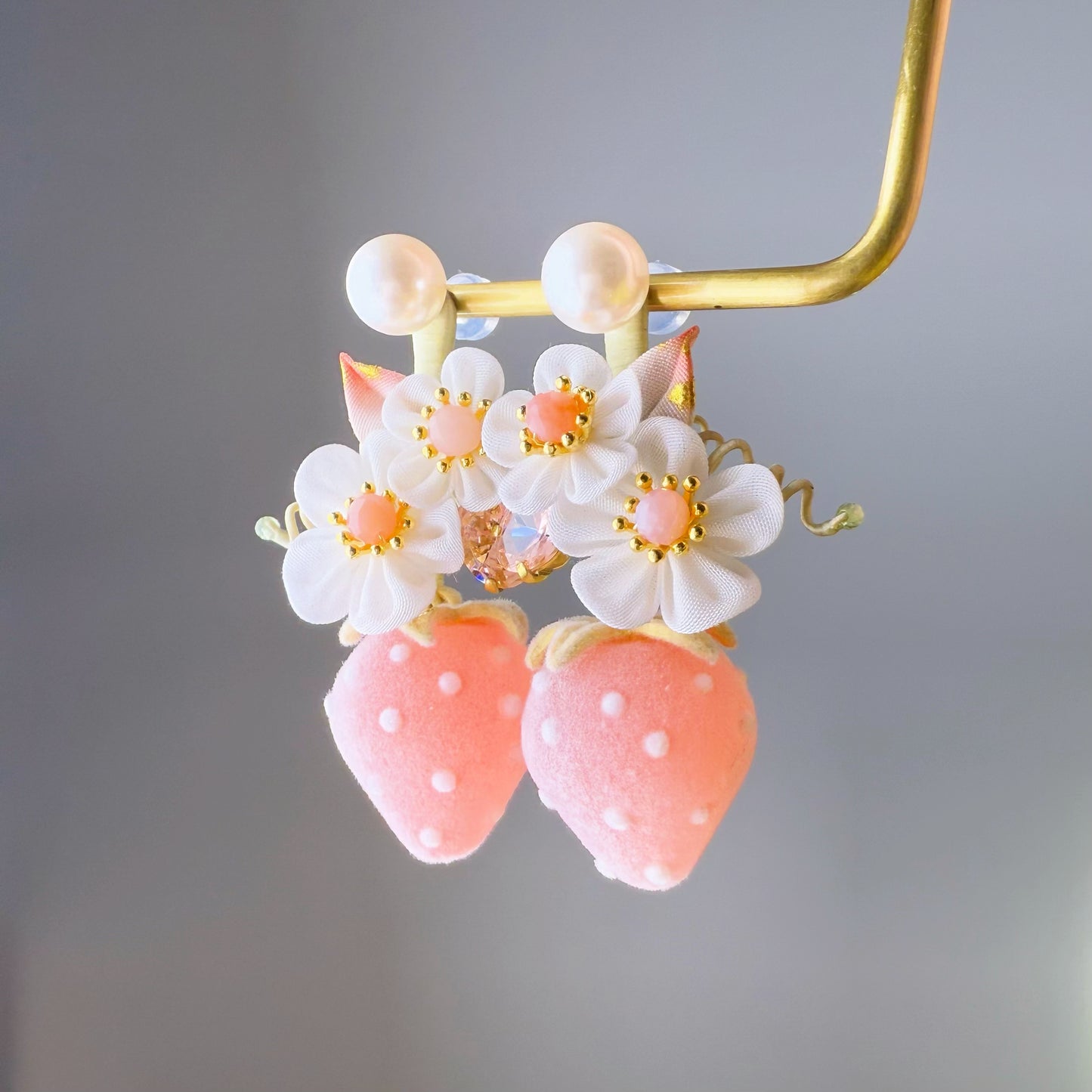 Pink Frosted Strawberry and Fabric Flowers Earrings