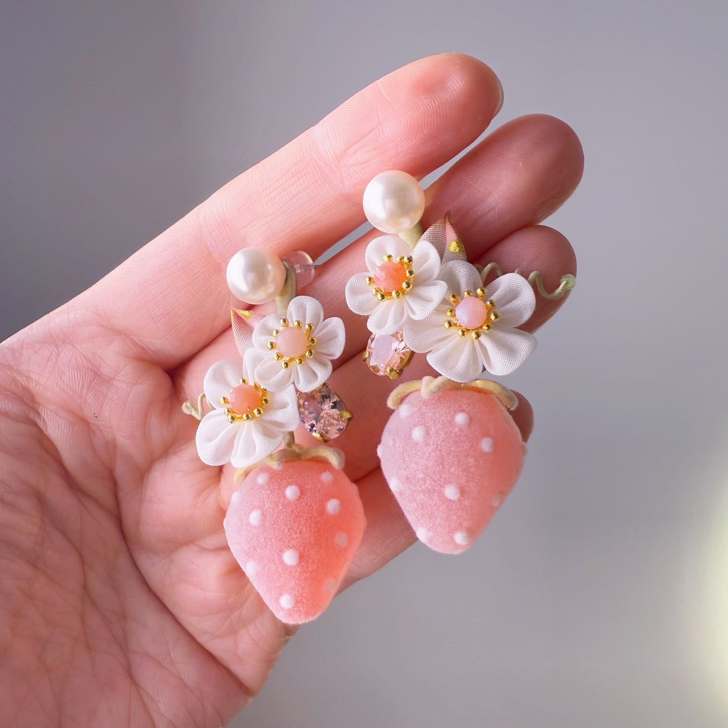 Pink Frosted Strawberry and Fabric Flowers Earrings