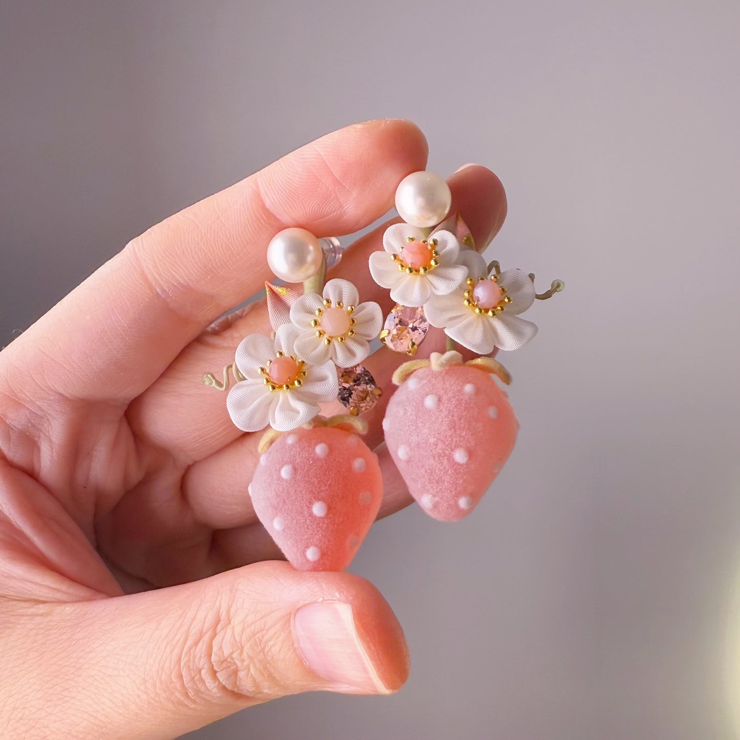 Pink Frosted Strawberry and Fabric Flowers Earrings