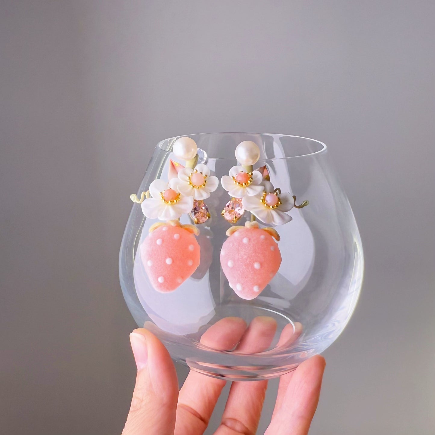 Pink Frosted Strawberry and Fabric Flowers Earrings