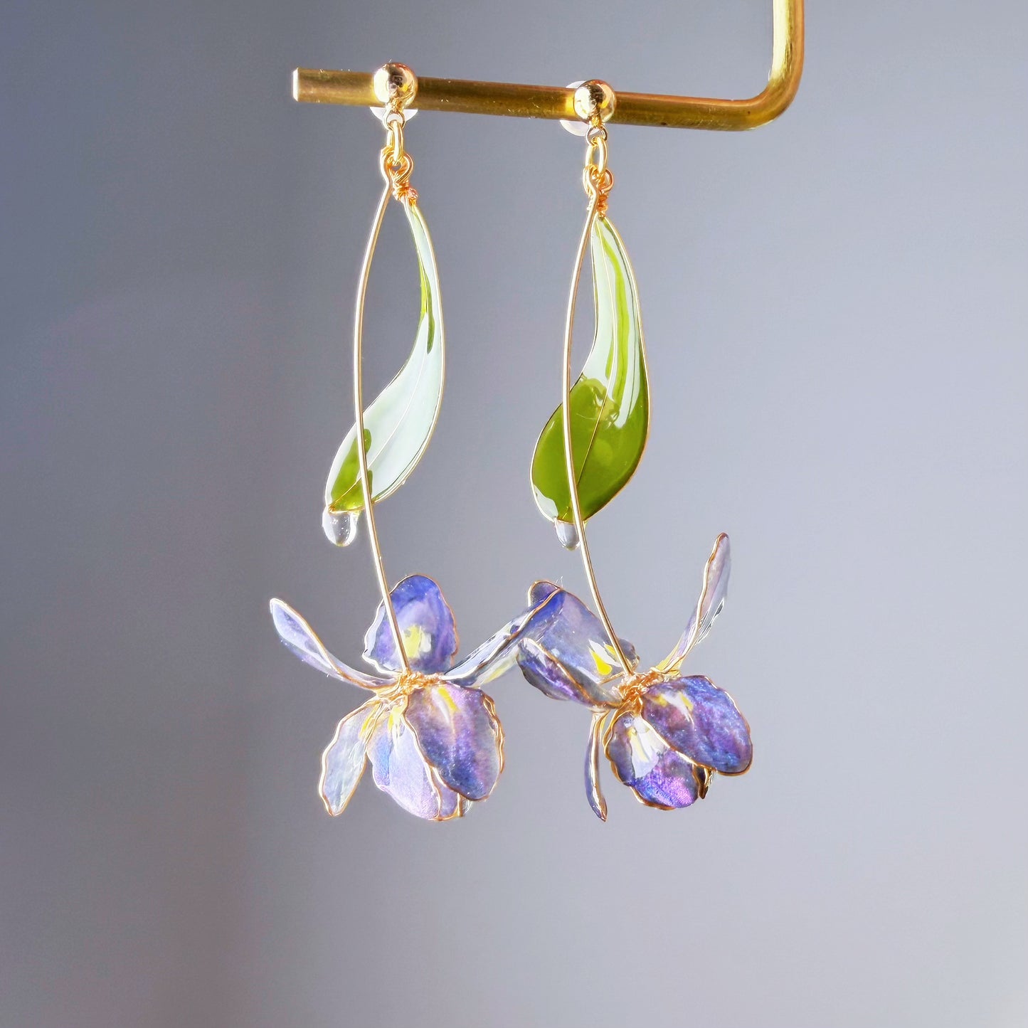 Handmade Blue Purple Iris Resin Flower Earrings