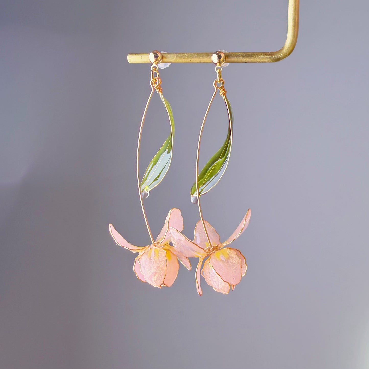 Handmade Peach Pink Iris Resin Flower Earrings
