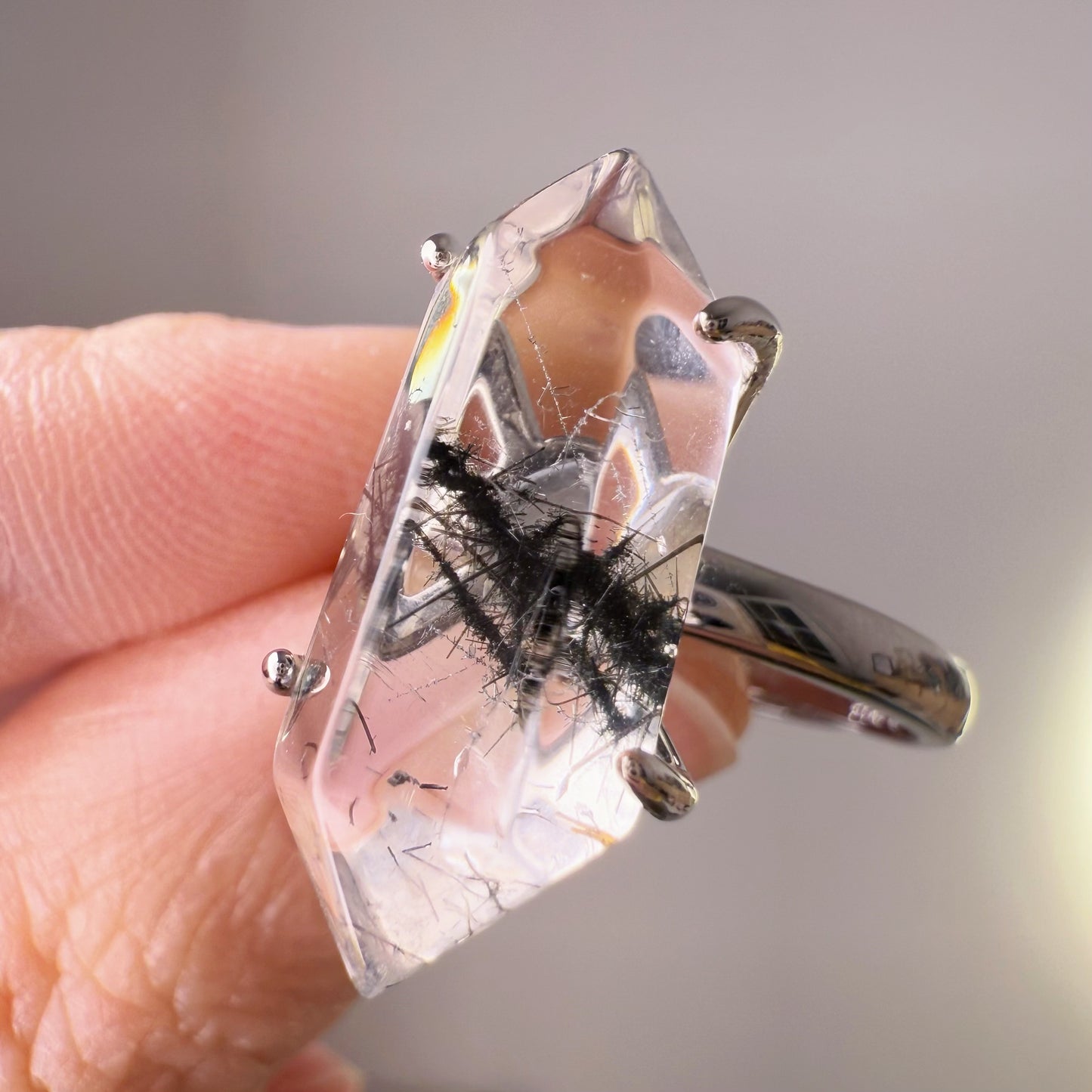 Handmade Natural Black Rutile Quartz Crystal Sterling Silver Ring