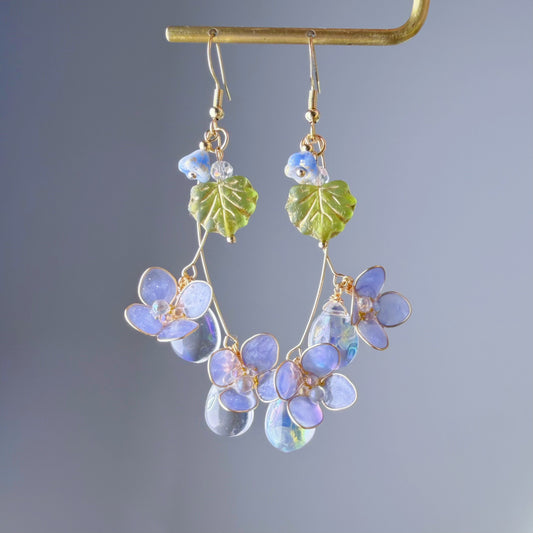 Handmade Blue Purple Hydrangeas Flowers with Leaves Dangle Earrings