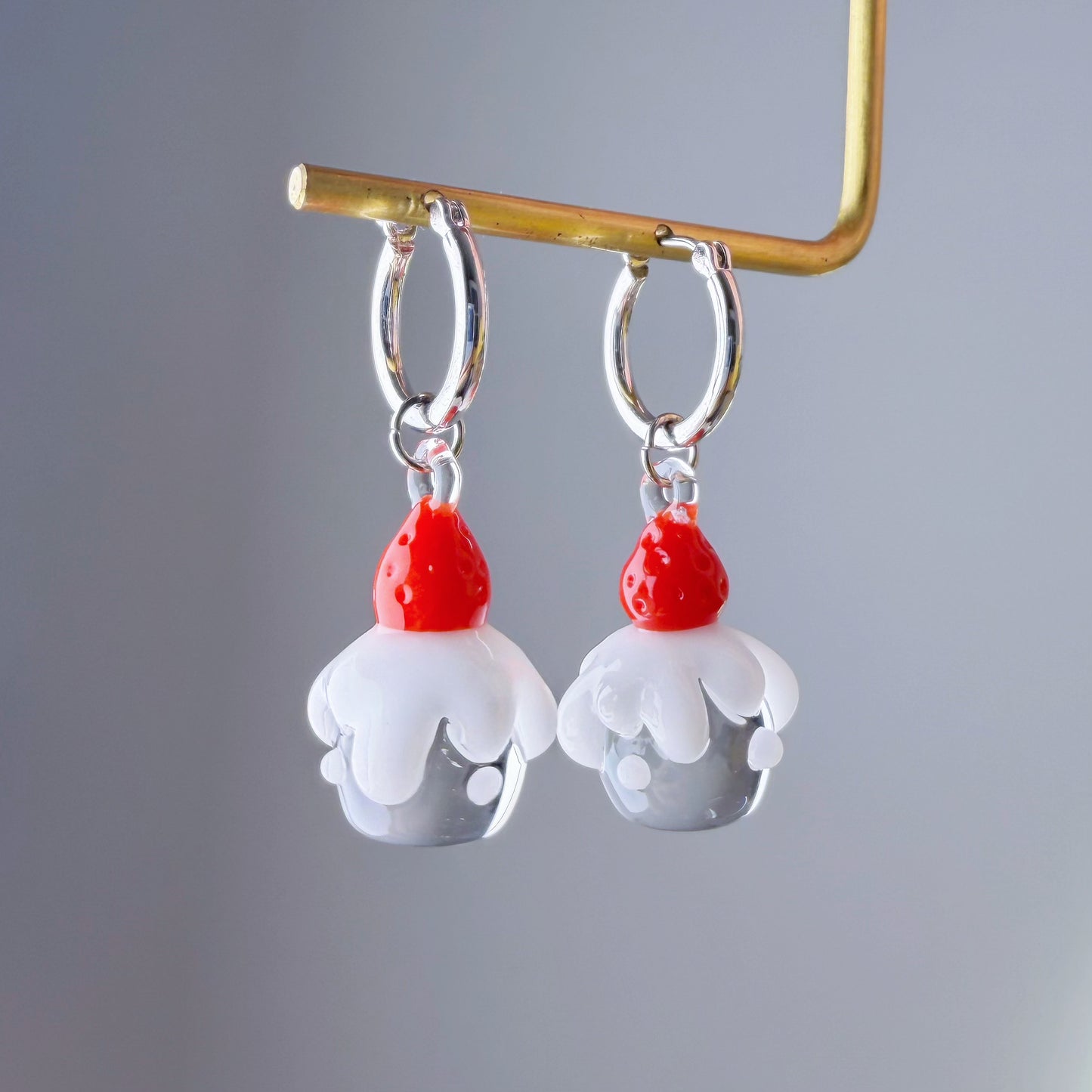 Handmade Lampwork Glass Strawberry Cake Hoop Earrings