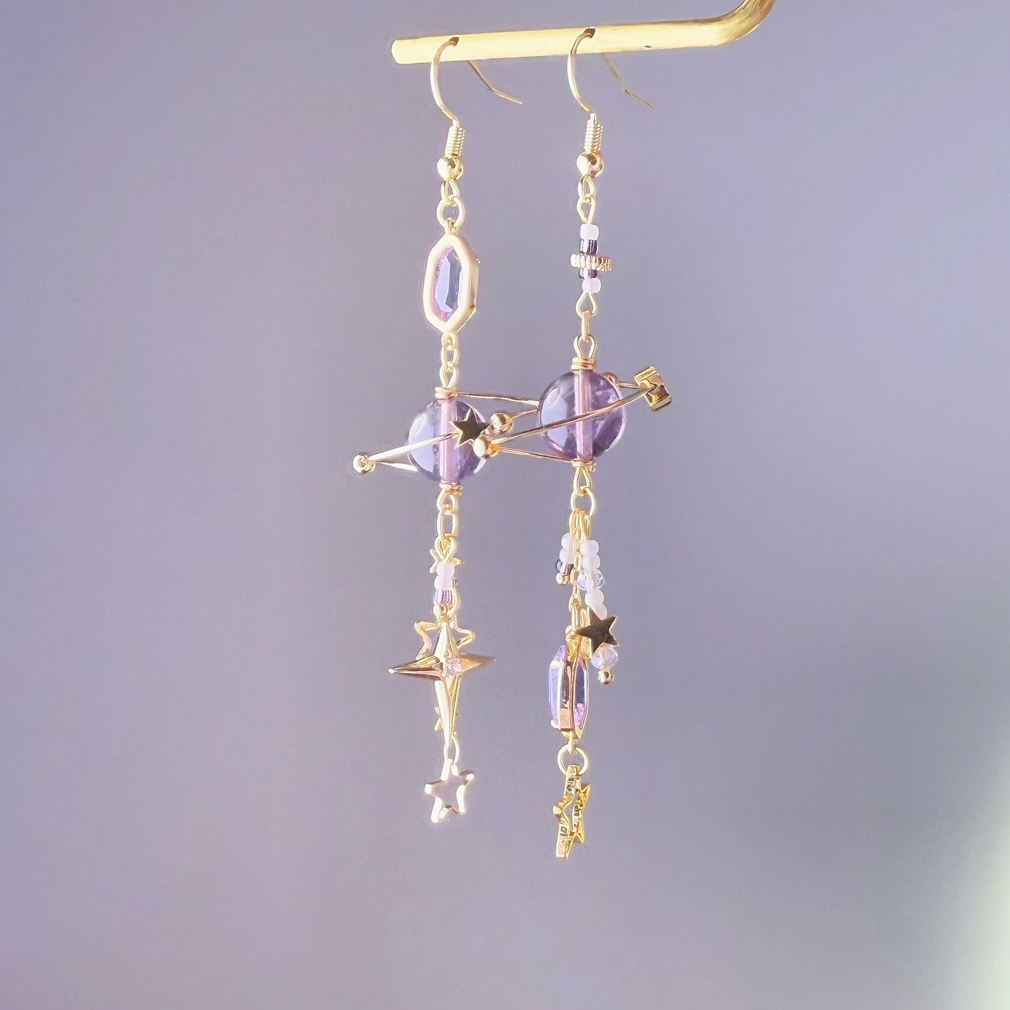 Purple Amethyst Planet Celestial Mismatch Earrings