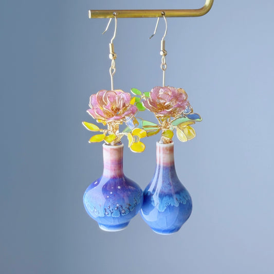 Handmade Light Purple Roses Blue Poppy and Daffodil in Ceramic Vase Earrings