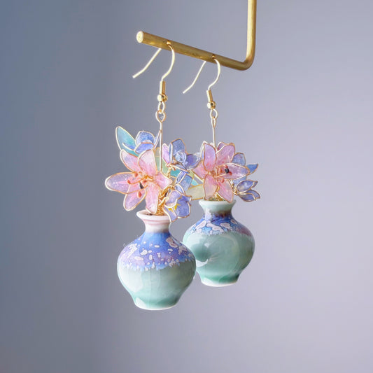 Handmade Pink Lily Hydrangeas Bluebell Flowers in Ceramic Vase Earrings