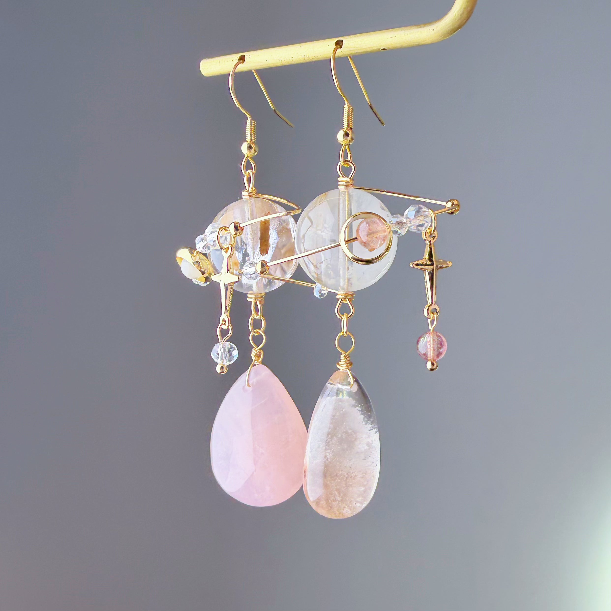Handmade Phantom Quartz Crystal Planet with Rose Quartz Teardrop