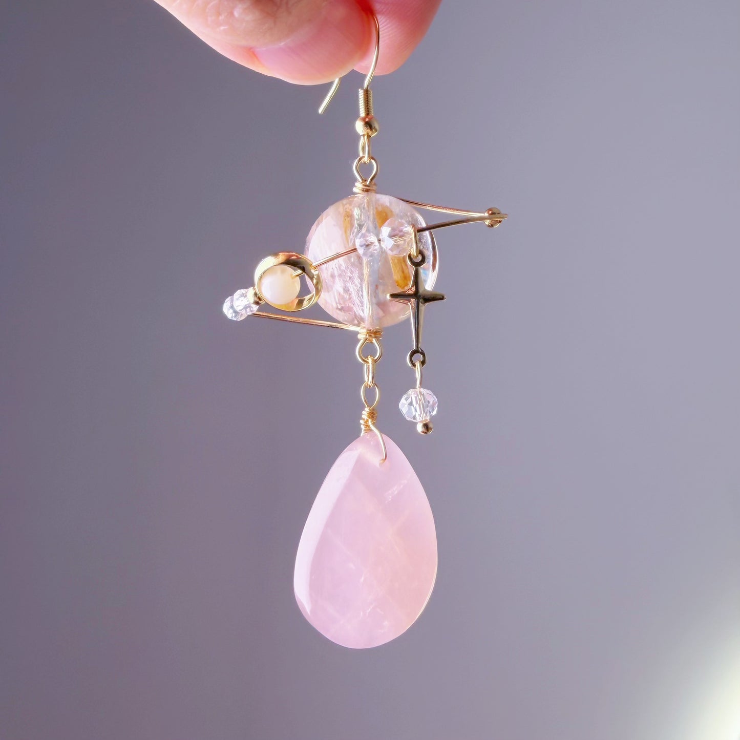 Handmade Phantom Quartz Crystal Planet with Rose Quartz Teardrop Celestial Earrings