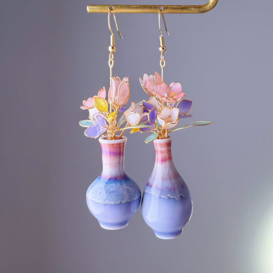 Handmade Spring Flowers Cherry Blossom Tulip Bellflowers in Ceramic Vase Earrings