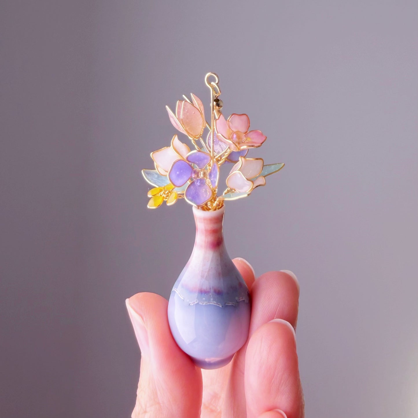 Handmade Spring Flowers Cherry Blossom Tulip Bellflowers in Ceramic Vase Earrings