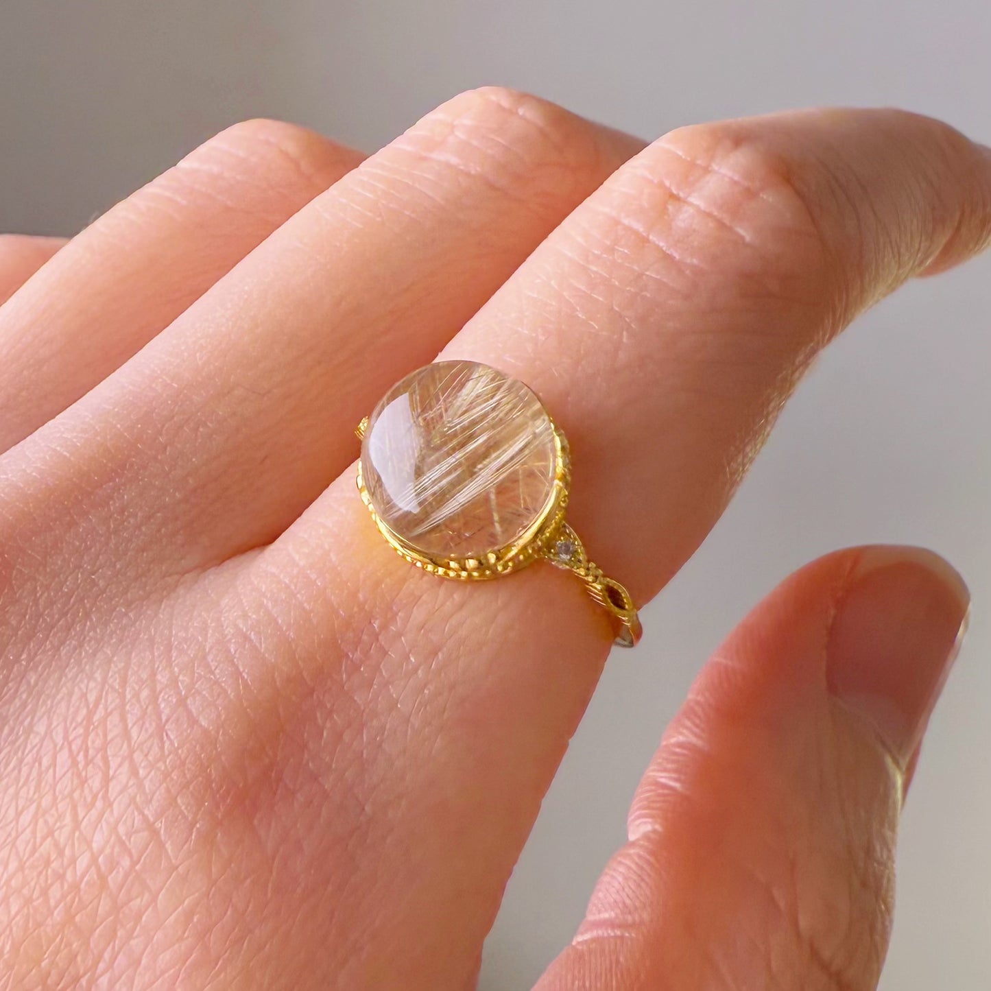 Handmade Natural Gold Rutilated Quartz Crystal Silver Ring