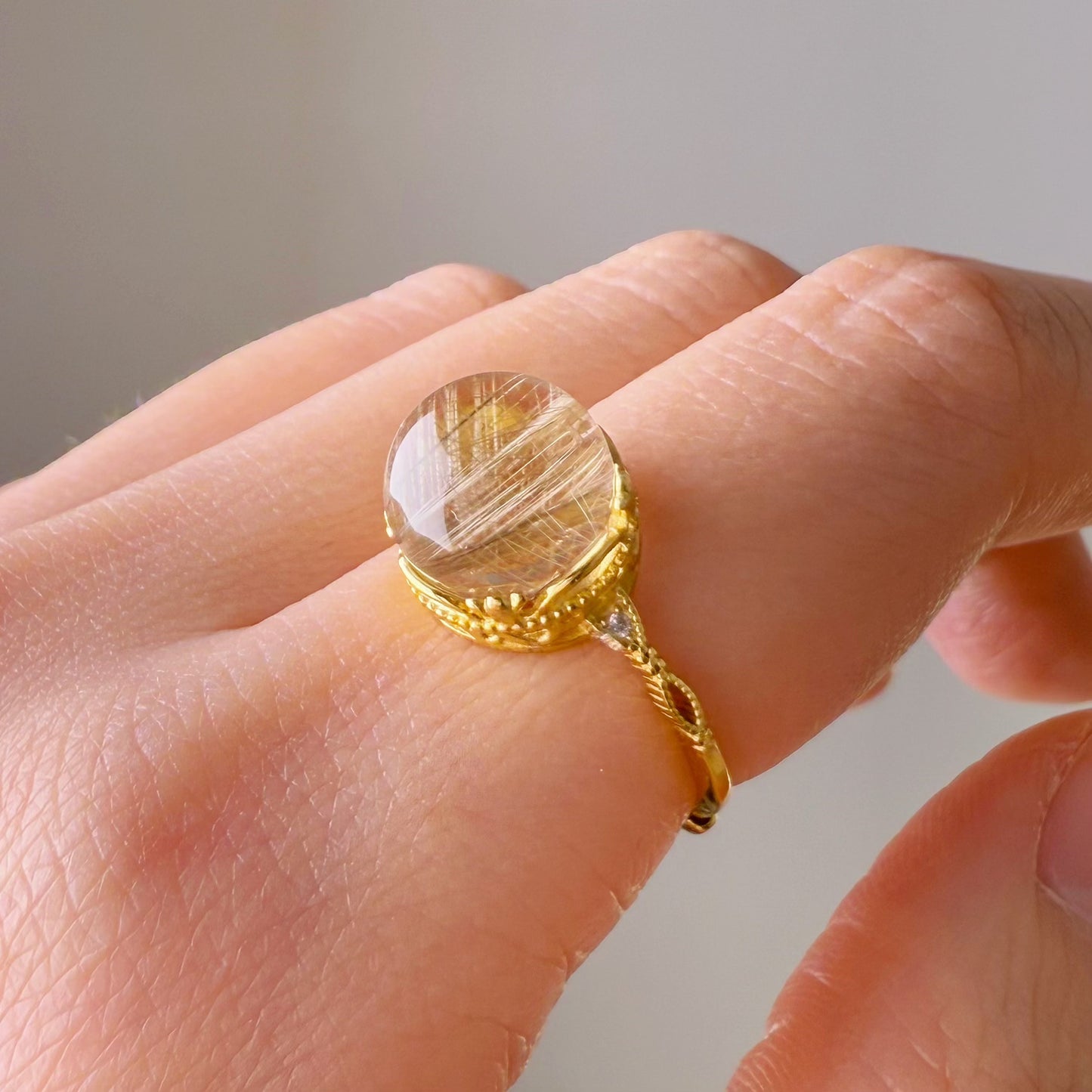 Handmade Natural Gold Rutilated Quartz Crystal Silver Ring