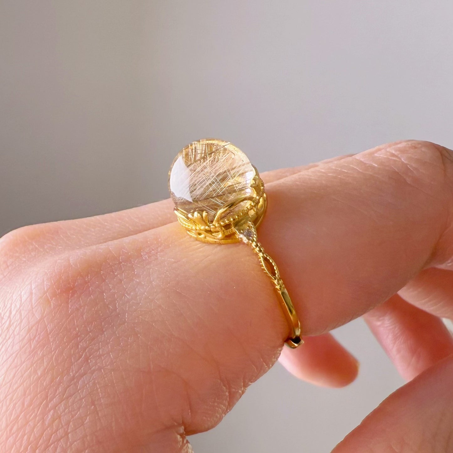 Handmade Natural Gold Rutilated Quartz Crystal Silver Ring