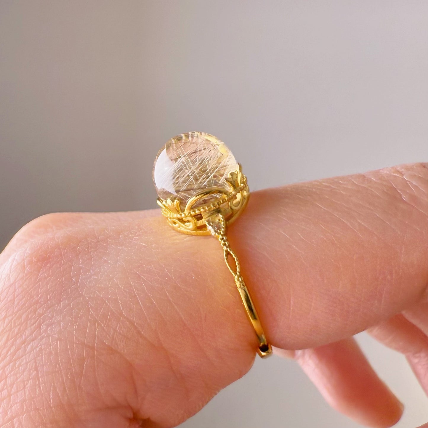 Handmade Natural Gold Rutilated Quartz Crystal Silver Ring