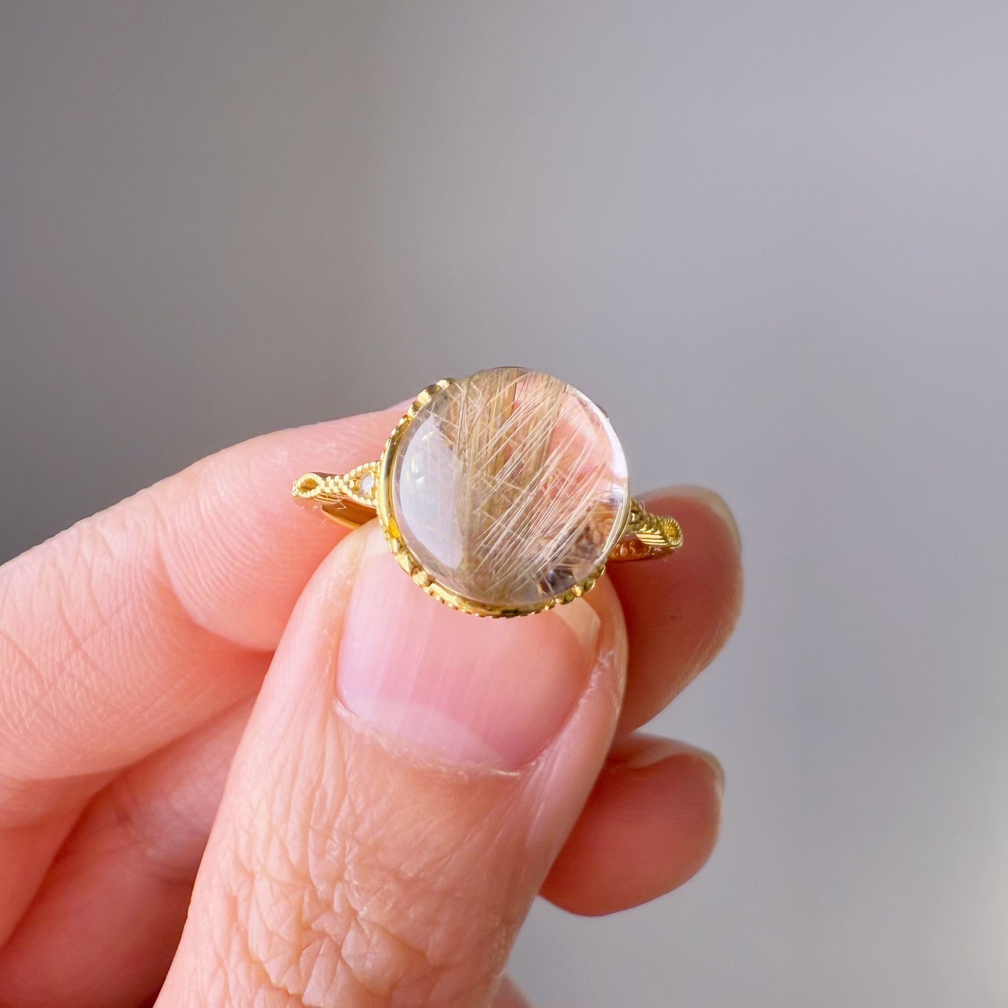 Handmade Natural Gold Rutilated Quartz Crystal Silver Ring