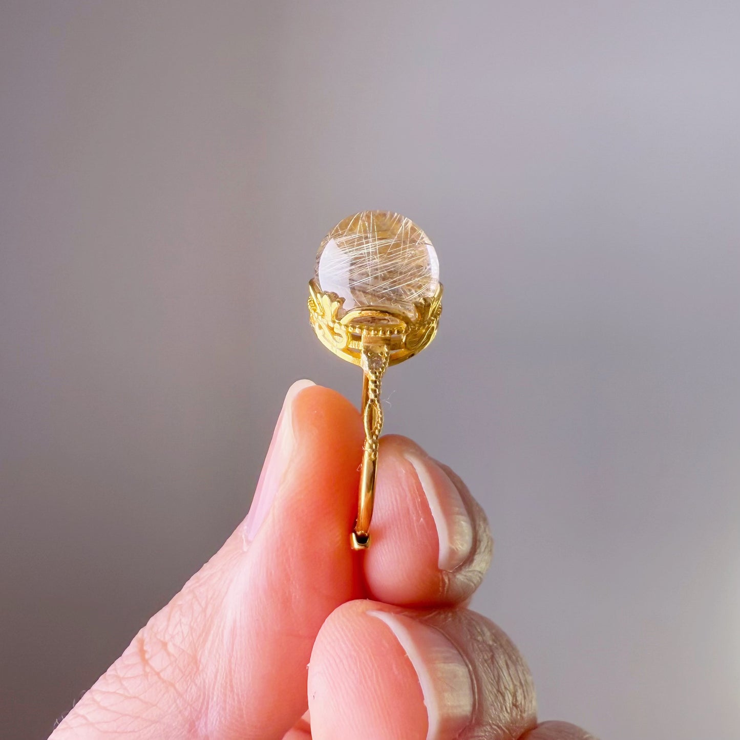 Handmade Natural Gold Rutilated Quartz Crystal Silver Ring