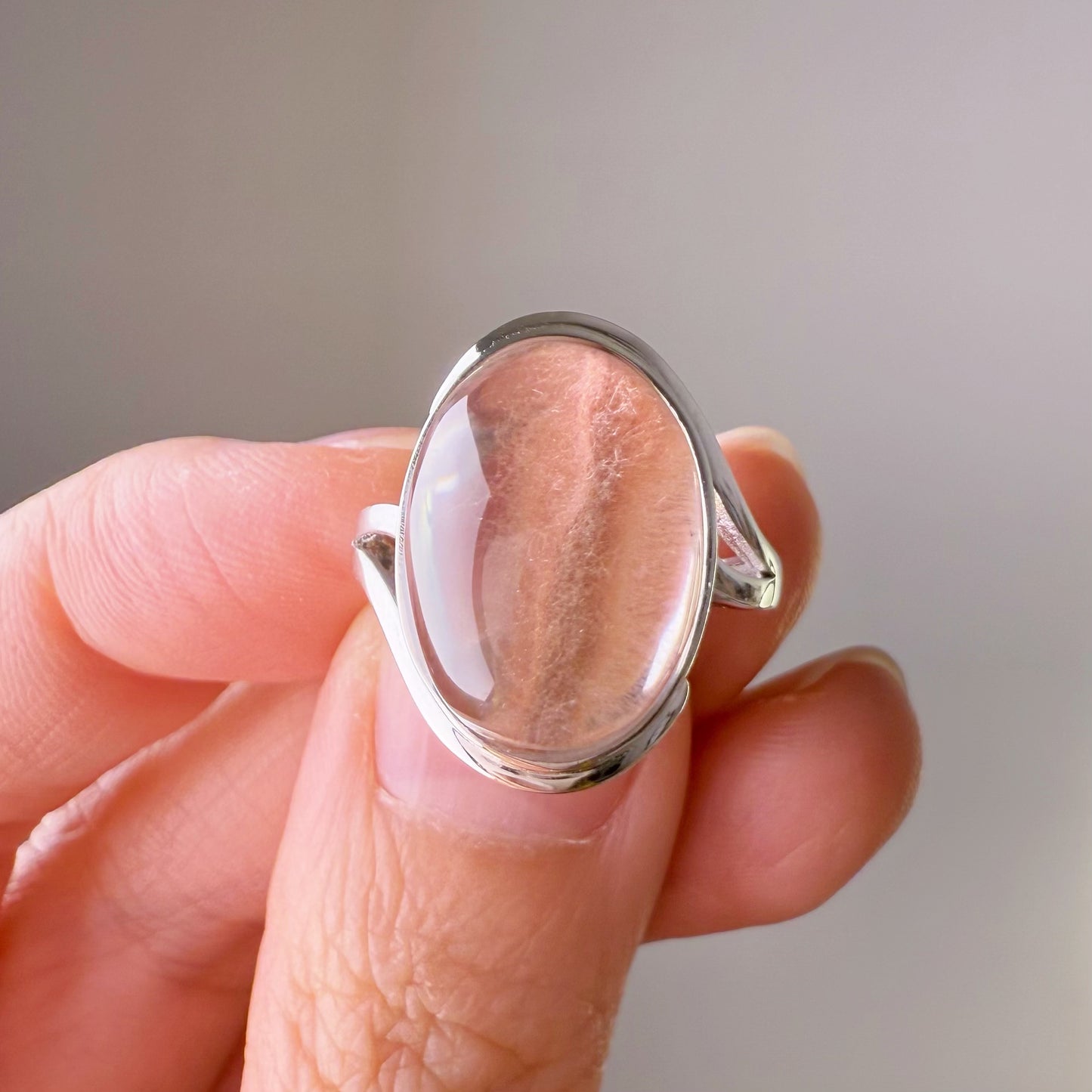 Handmade Natural Pink Oval Rutilated Quartz Crystal Silver Ring
