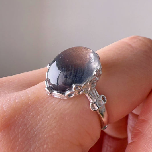 Handmade Natural Black Phantom Quartz Crystal Silver Ring