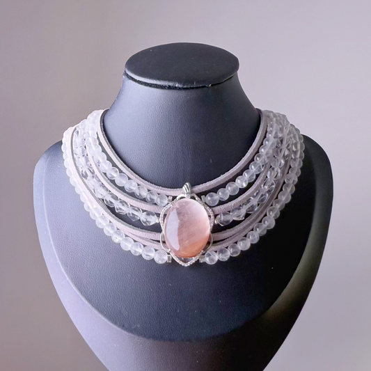 Handmade Pink Rutilated Quartz Crystal Leather Choker Necklace