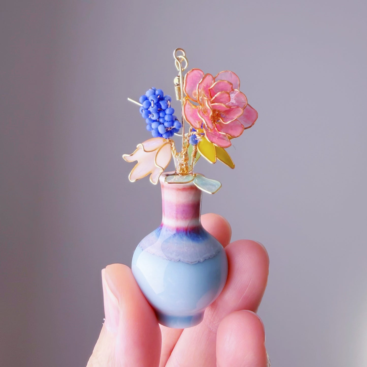 Handmade Pink Roses Grape Hyacinth Bellflower in Ceramic Vase Earrings