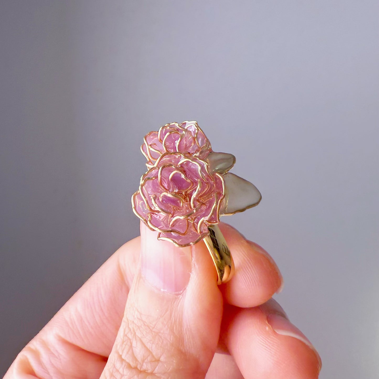 Handmade Purple Rose Two Flowers Ring