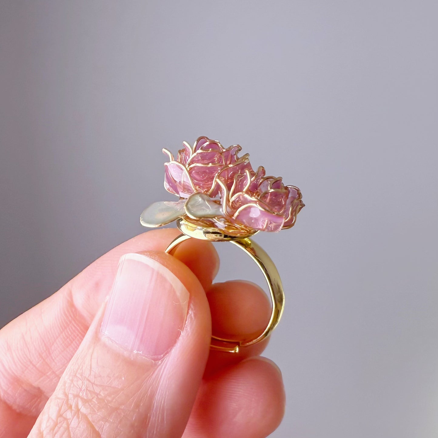 Handmade Purple Rose Two Flowers Ring