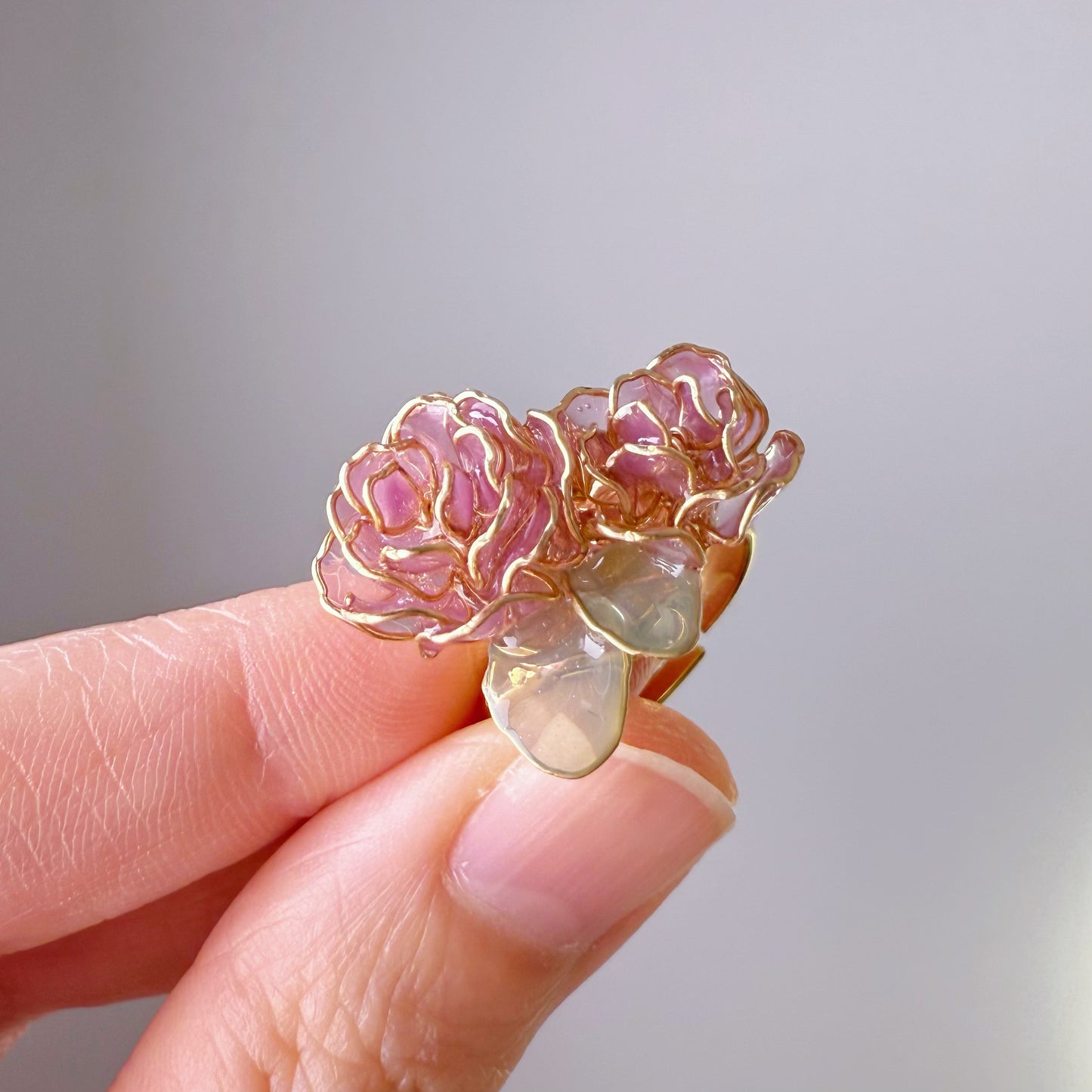 Handmade Purple Rose Two Flowers Ring