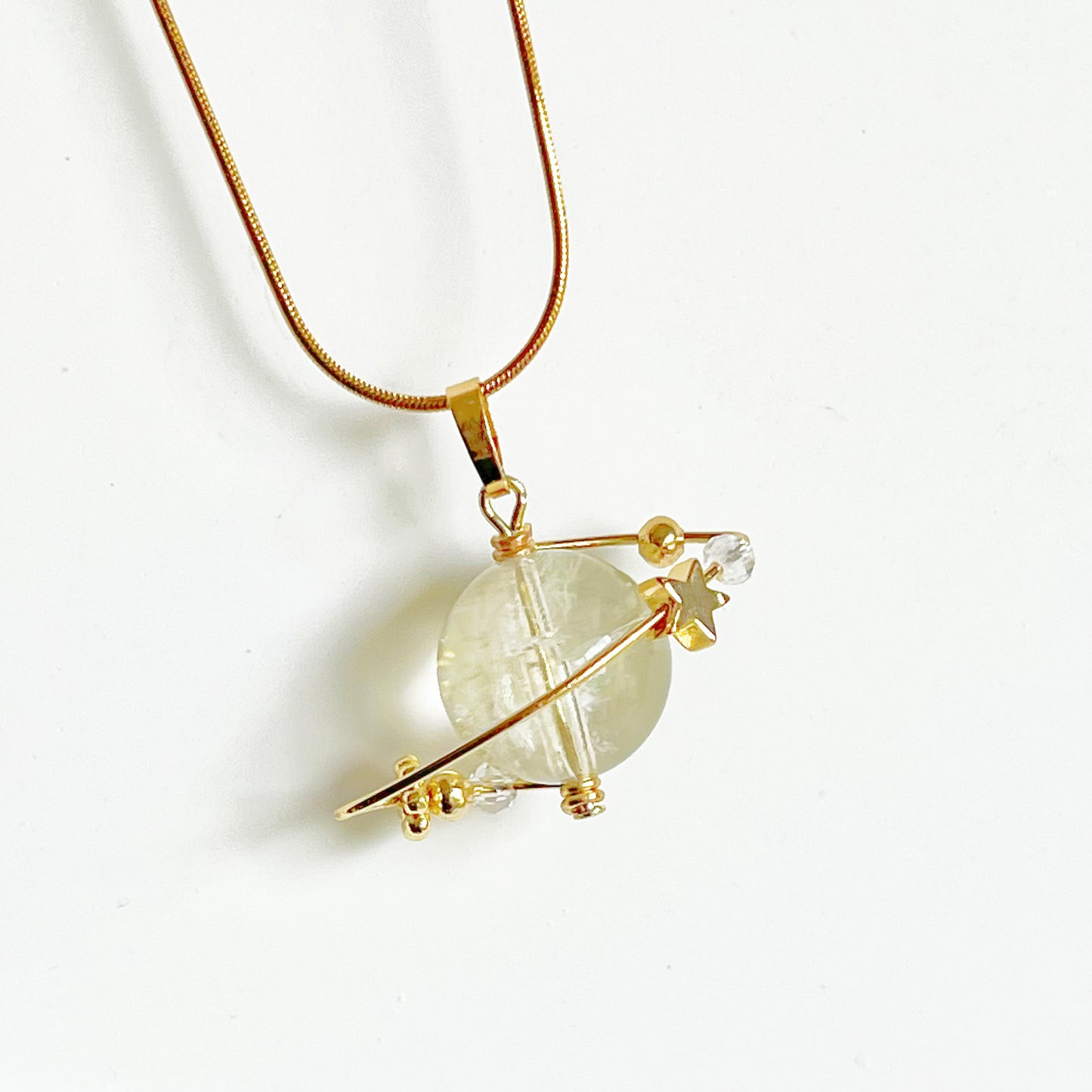 Yellow Lemon Quartz Planet and Star Pendant Necklace-Ninaouity