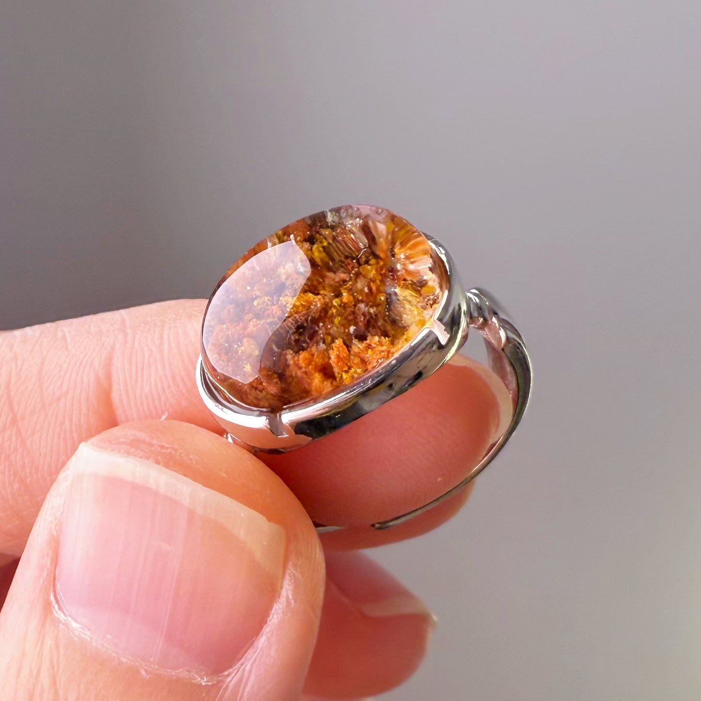 Handmade Natural Orange and Yellow Phantom Quartz Crystal Silver Ring