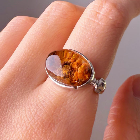 Handmade Natural Orange and Yellow Phantom Quartz Crystal Silver Ring
