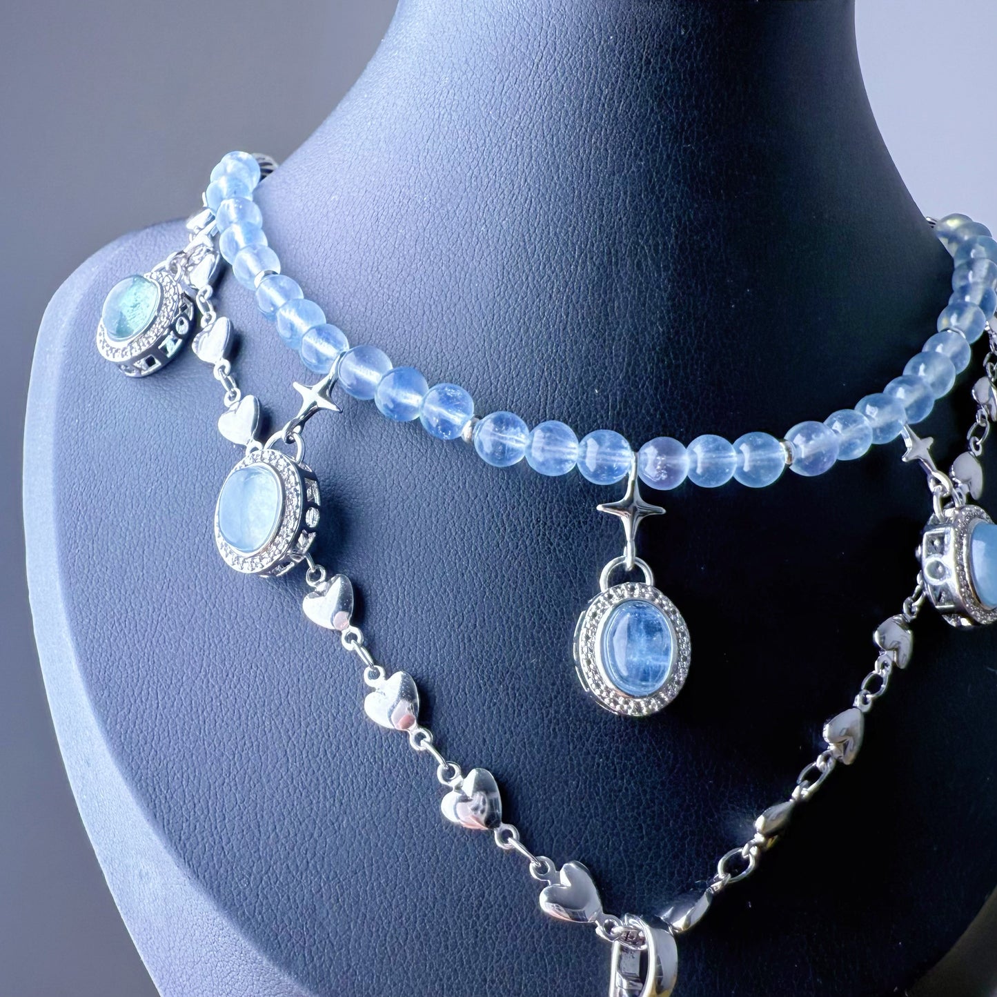 Handmade Blue Aquamarine and Polaris Double Chain Necklace