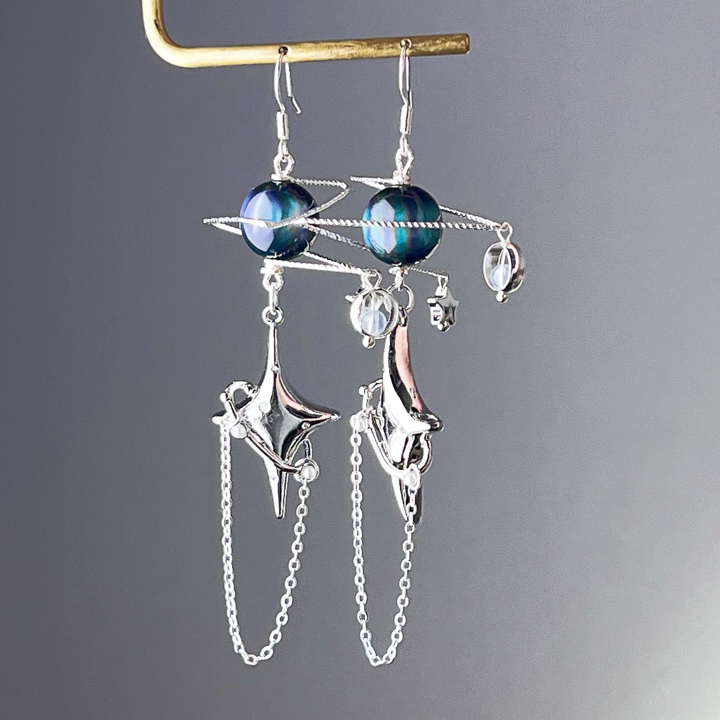 Silver Green Planet and Polaris Earrings-Ninaouity
