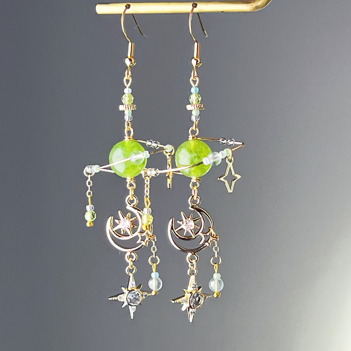 Green Jade Planet and Moon Earrings-Ninaouity