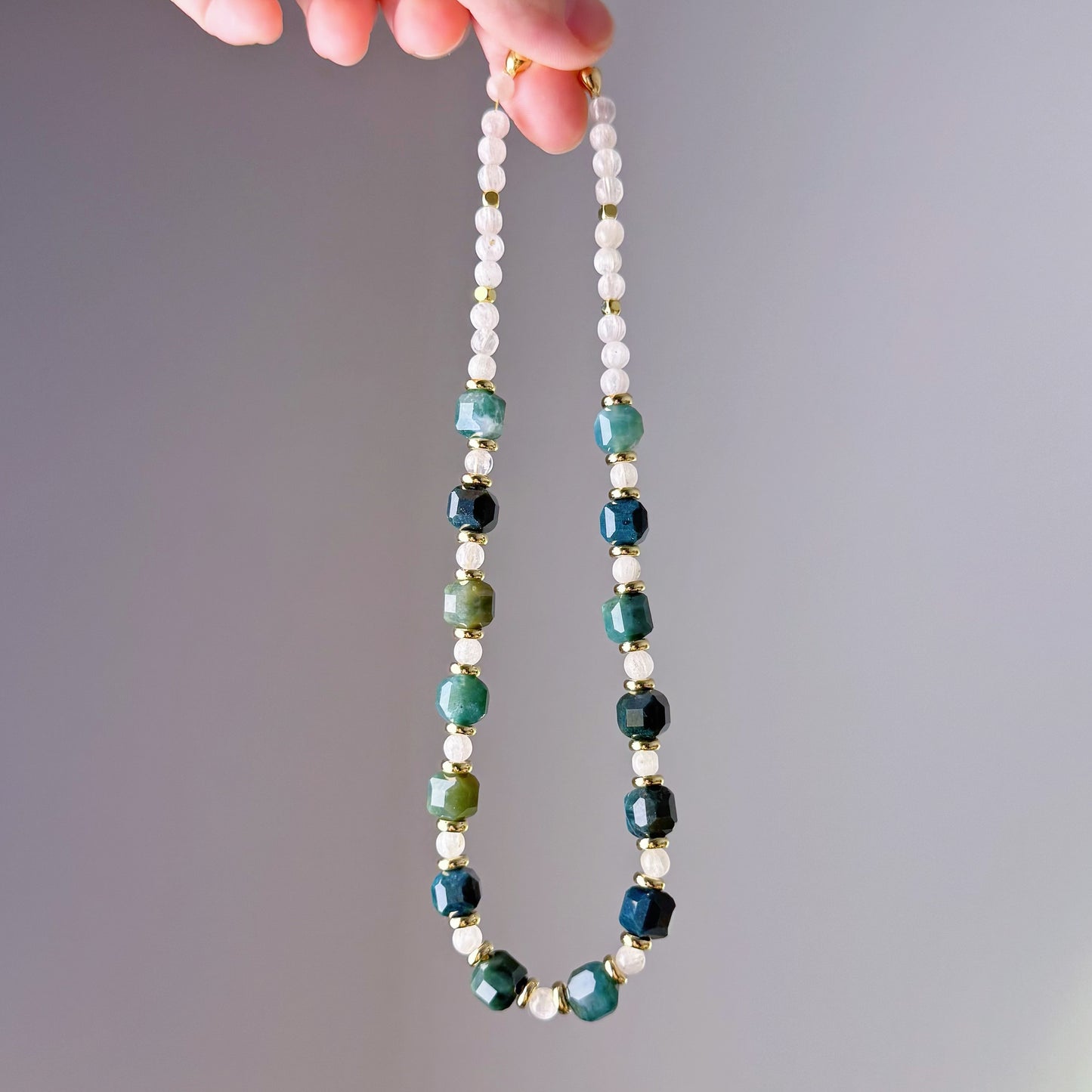 Handmade Green Agate and Spodumene Crystal Necklace Bracelet