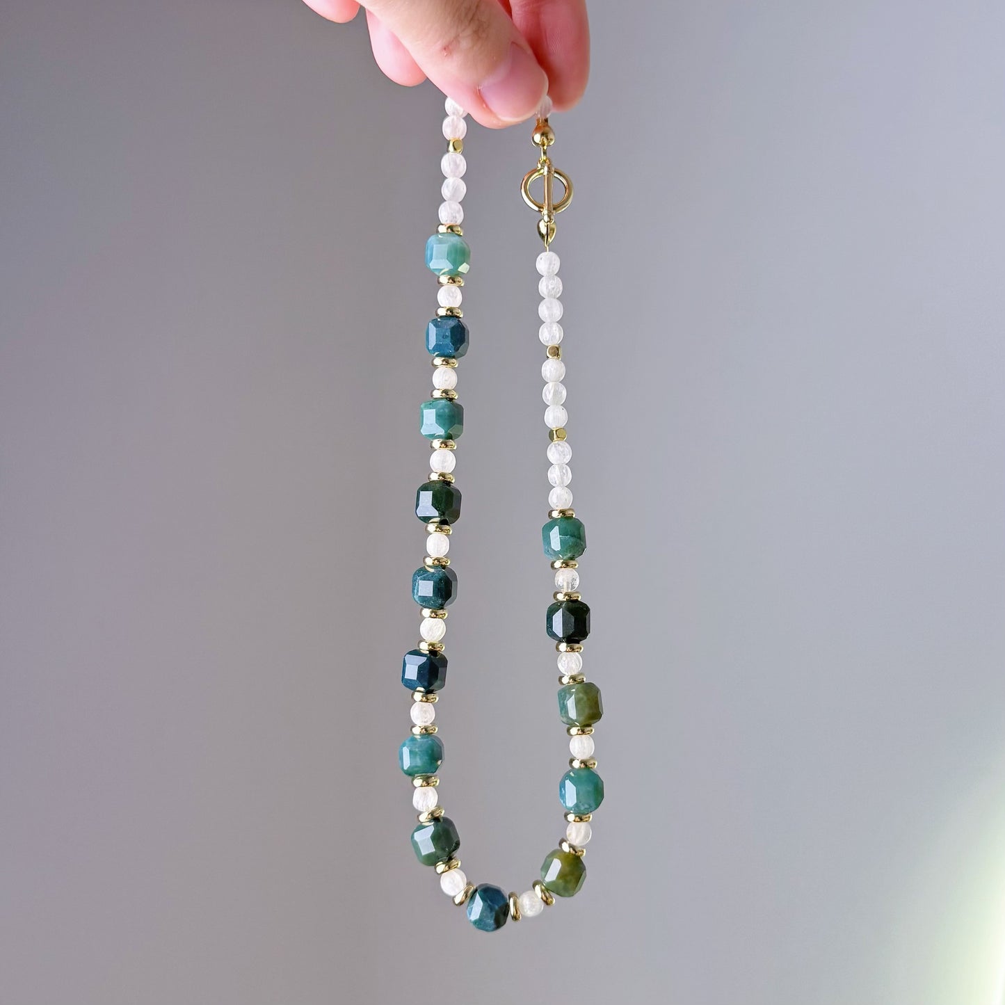 Handmade Green Agate and Spodumene Crystal Necklace Bracelet