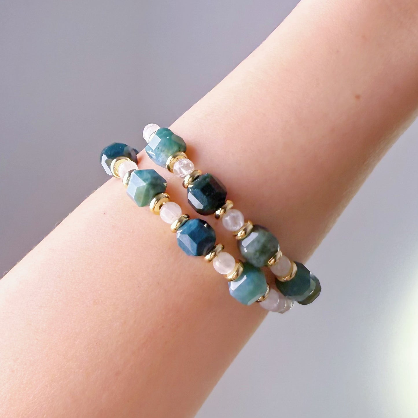 Handmade Green Agate and Spodumene Crystal Necklace Bracelet