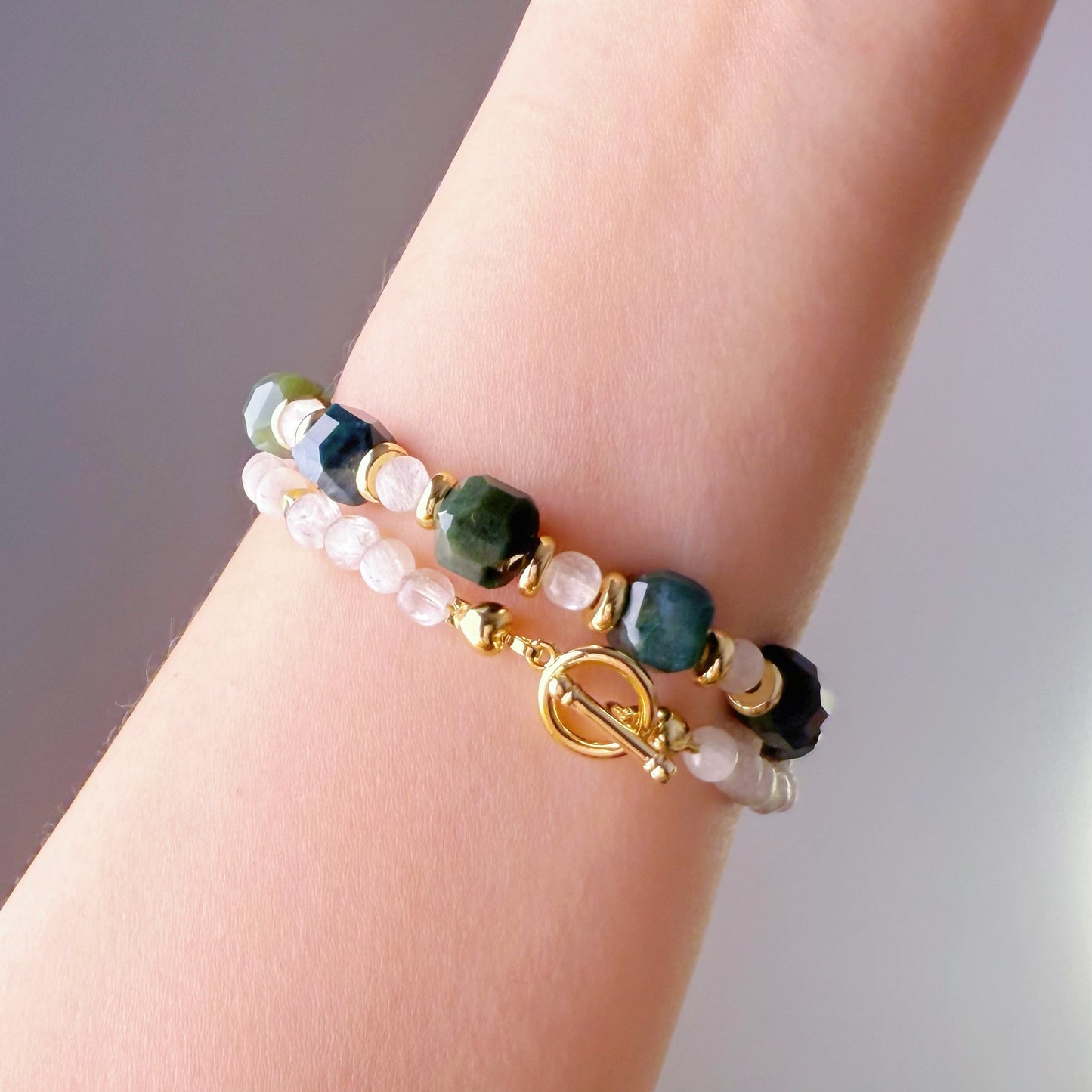 Handmade Green Agate and Spodumene Crystal Necklace Bracelet