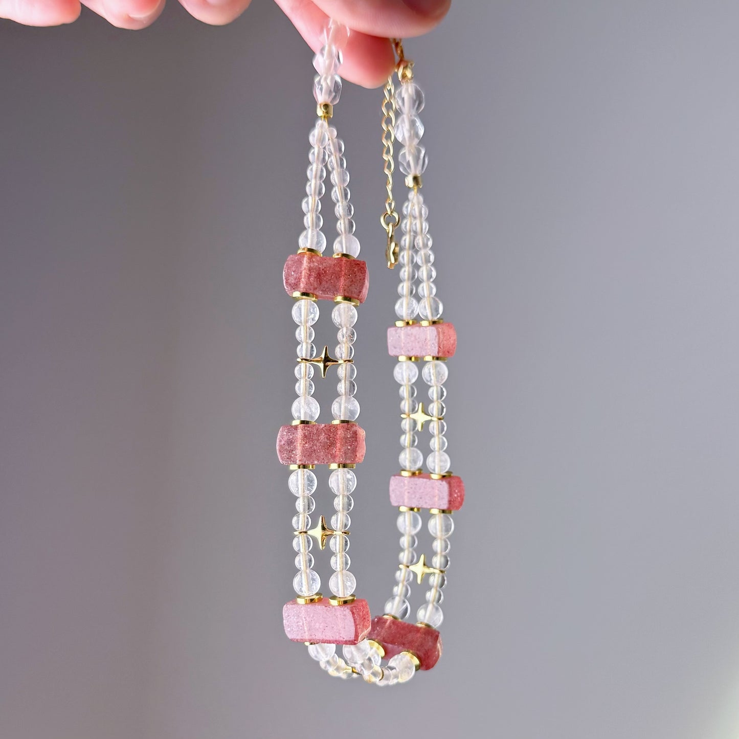Handmade Strawberry Quartz and Clear Quartz Celestial Choker Bracelet