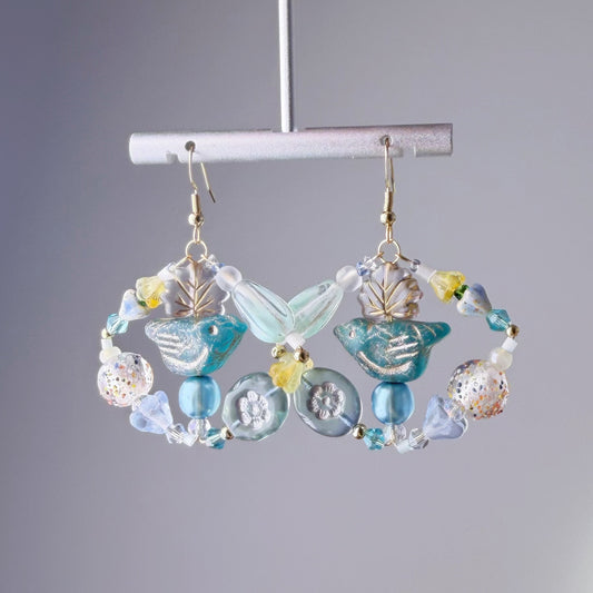 Handmade Blue Robin Bird and Flowers Glass Beads Hoop Earrings