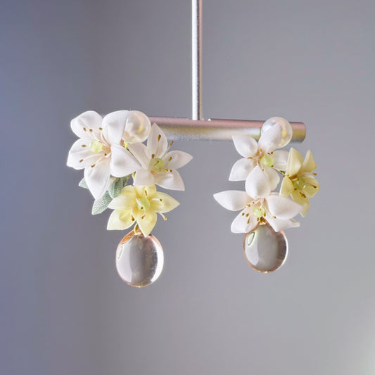 White and Yellow Lily with Clear Water Drop Fabric Flowers Earrings