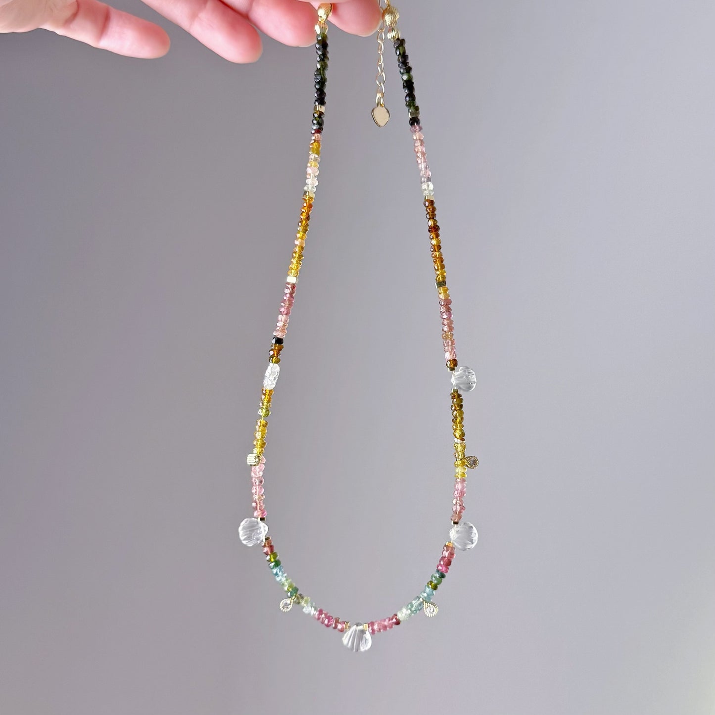 Handmade Rainbow Tourmaline and Shell Shape Quartz Crystal Choker Necklace