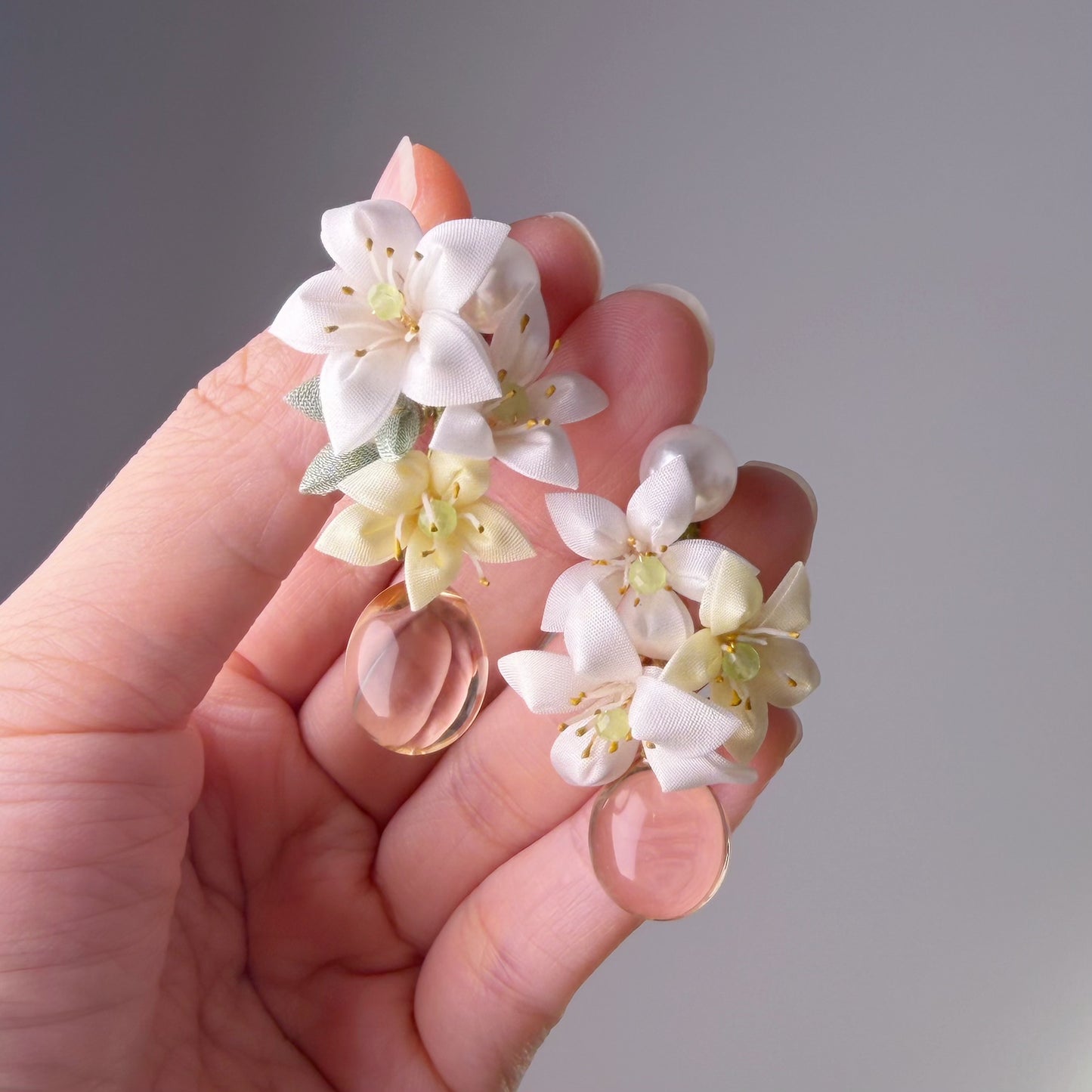 White and Yellow Lily with Clear Water Drop Fabric Flowers Earrings