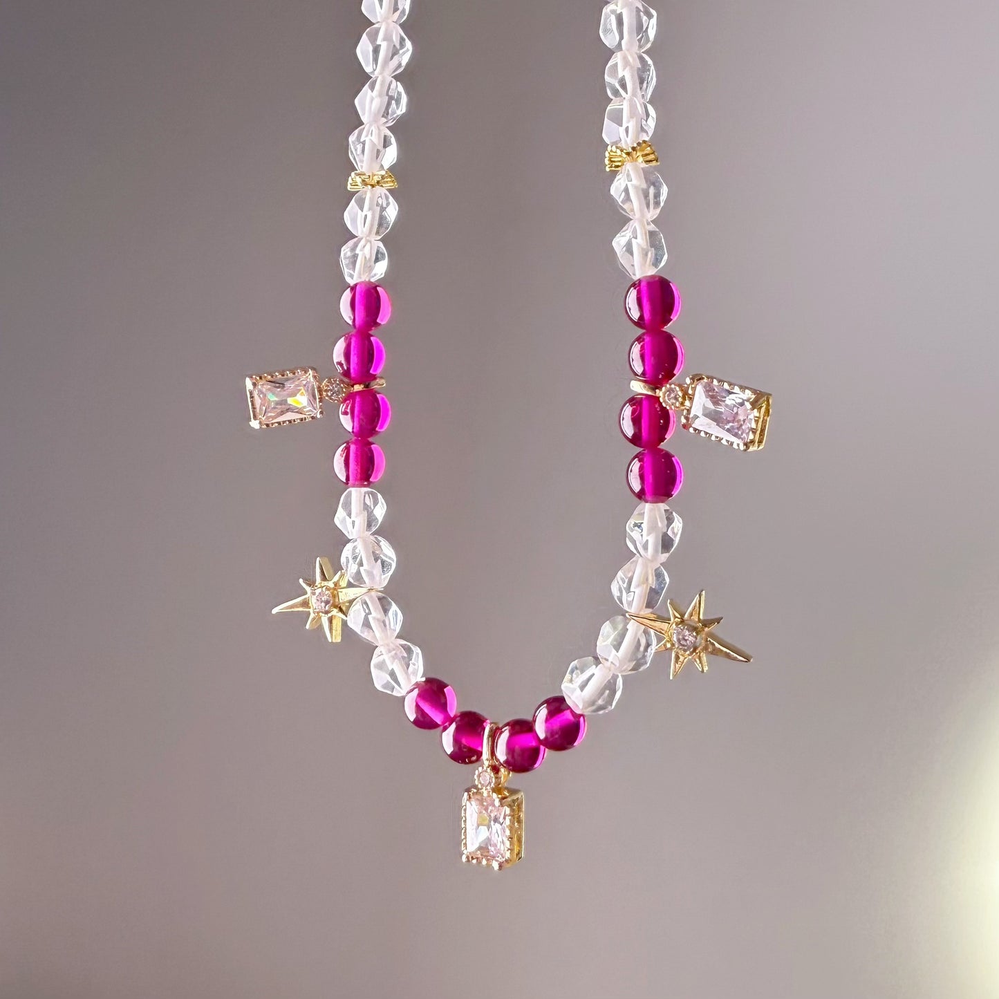 Handmade Ruby and Clear Quartz Crystal Choker Necklace