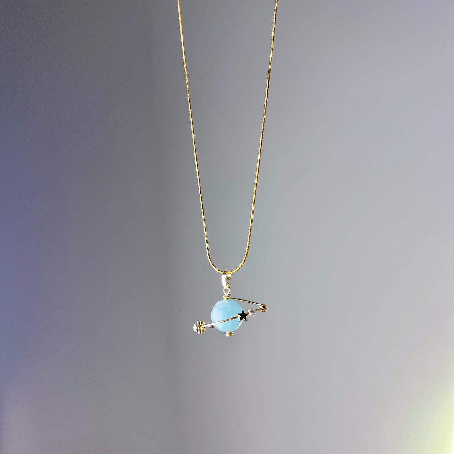 Aquamarine Planet and Star Pendant Necklace-Ninaouity