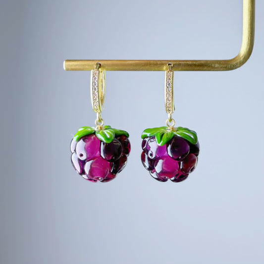 Handmade Lampwork Glass Purple Cloudberries Hoop Earrings
